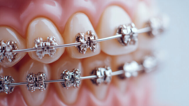 A close up of a person's teeth with braces