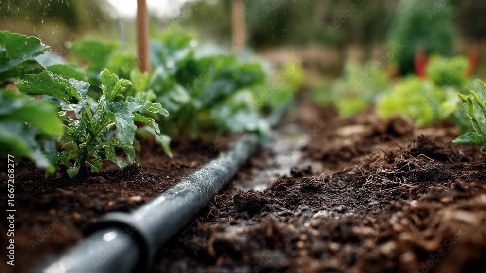 Poster medium shot of soil and plants with a slow drip irrigation system in sharp focus garden tools and gr