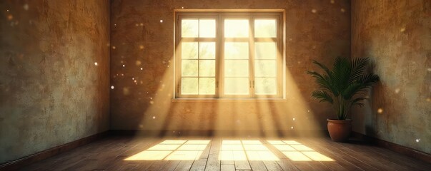 Sunlight streams through a window illuminating dust motes dancing in the air of a quiet, empty room A sense of calm and peaceful stillness pervades the scene , airy, dust motes, carpet
