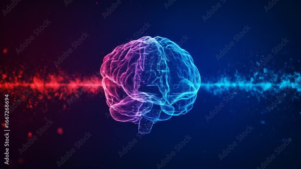 Poster abstract brain visualization with blue and red neural connections representing artificial intelligen