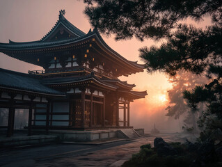 Fototapeta premium Ancient Japanese temple at sunrise, surrounded by mist and forest, detailed wood carvings, serene atmosphere 