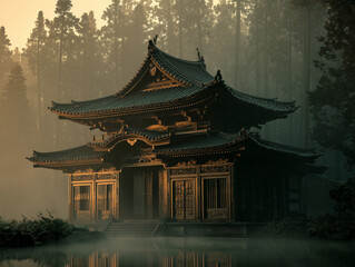 Obraz premium Ancient Japanese temple at sunrise, surrounded by mist and forest, detailed wood carvings, serene atmosphere 