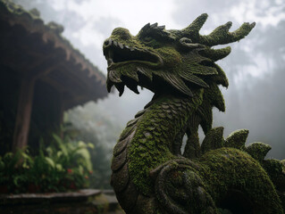 Stone dragon sculpture guarding a temple, moss-covered, foggy background, mystical atmosphere
