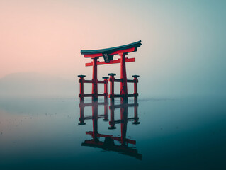 Torii gate emerging from morning fog on a lake, perfect reflection, spiritual serenity
