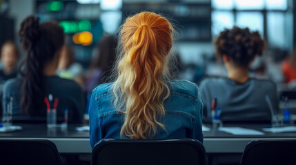 Rear view of students or attendees in classroom or conference setting, focusing on person with distinctive red-blonde hair and denim jacket among blurred figures