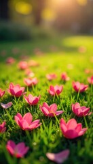 Fototapeta premium Vibrant flower petals scattered on lush green grass, bathed in warm sunlight A perfect depiction of springtime beauty and natural serenity , petals on grass, colorful petals