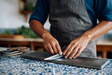 Butcher sharpens knife at counter in preparation for work Generative AI