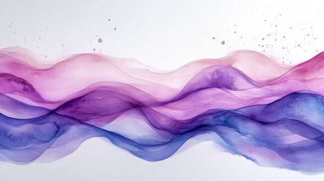 Fluid abstract watercolor artwork showcasing mesmerizing blend of gracefully flowing, translucent waves in vibrant purple, soft pink, and serene blue tones on clean white background with delicate spla