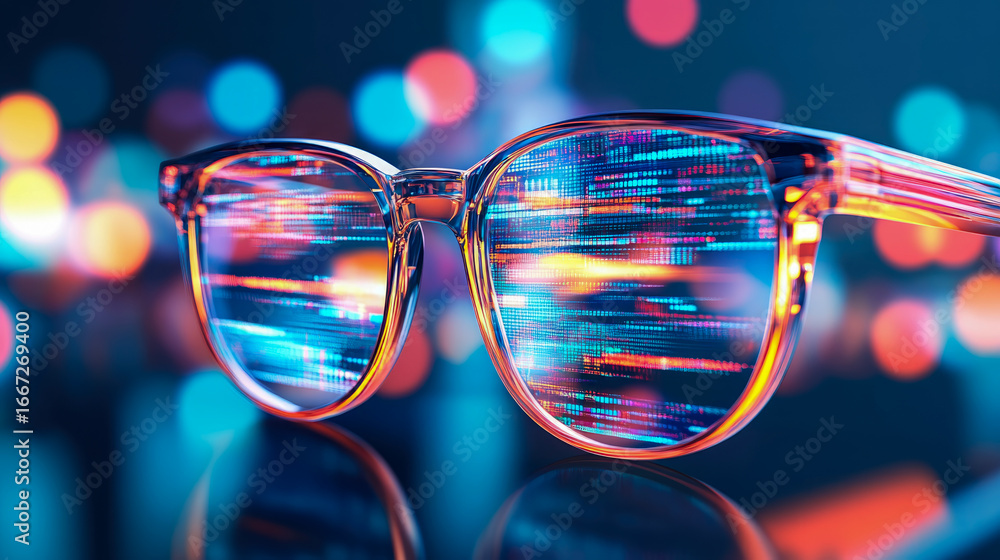 Poster stylish transparent eyeglasses with lenses displaying vibrant, abstract digital data streams and cod