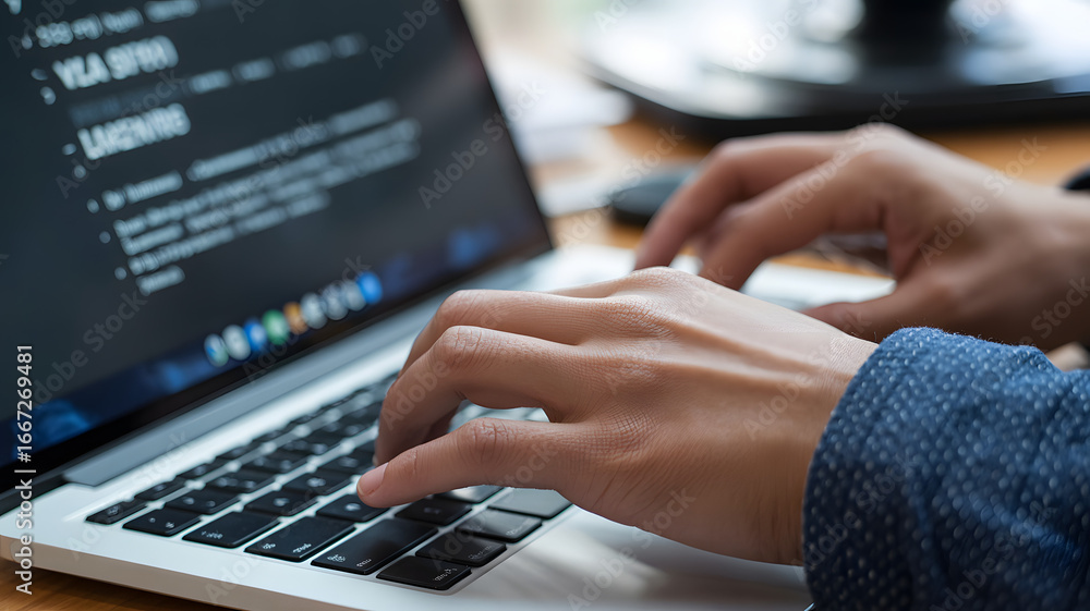 Poster hands typing code on a laptop keyboard, showcasing technology and innovation
