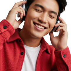 Happy young man enjoying music with headphones wearing a red shirt transparent background