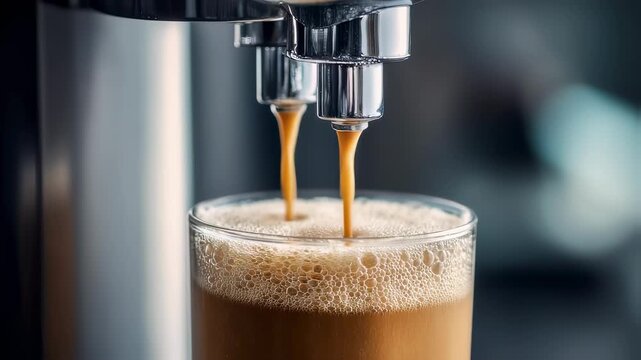 Focused medium shot reveals frothy oat latte flowing dynamically from a sleek nitro dispenser intricate bubble patterns clear against a tastefully blurred backdrop for stylish pour