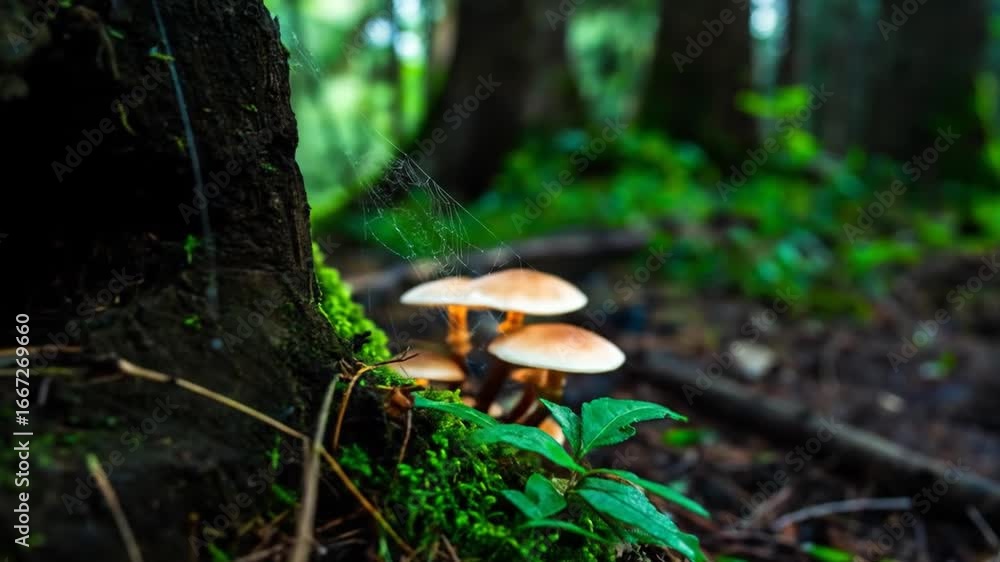 Poster mushroom cluster at base of a mossy tree trunk surrounded by greenery in a lush forest with a spider