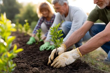 Family members of different generations plant trees together Generative AI