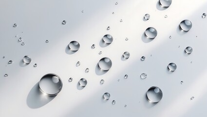 Close up of clear water droplets on a light grey surface with subtle diagonal light reflections