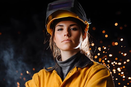 Skilled female welder working with sparks flying around Generative AI