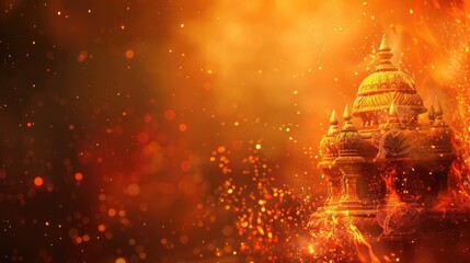 Dussehra holiday, an Indian temple silhouette against a fiery orange background. Sparks and light create a festive atmosphere, horizontal banner, copy space, free space for text