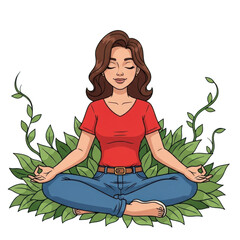 Woman meditating in lotus pose surrounded by lush greenery serene mindful practice transparent background