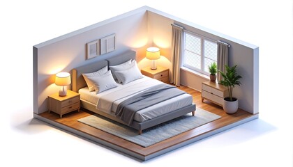 Fototapeta premium Cozy Isometric Bedroom Interior Design with Modern Furniture and Warm Lighting.