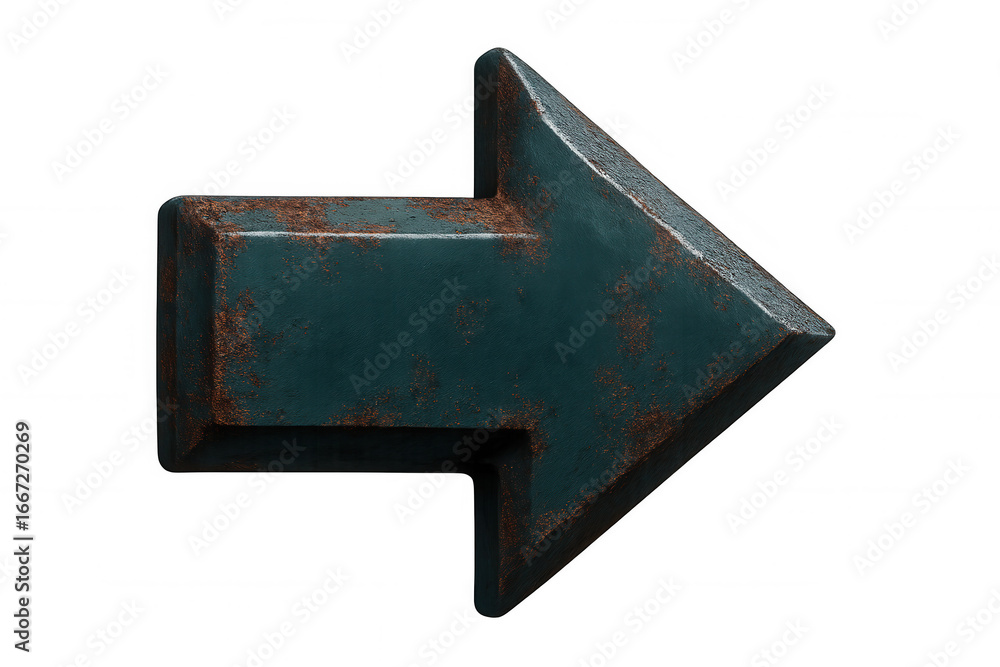 Poster 3d rendered rusty metal arrow pointing to the right, isolated on a clear background, symbolizing dir