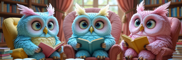 cute funny smart cartoon owls reading book chatting in chair at home, 3d animation