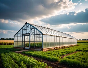 Obraz premium Large greenhouse in a rural field under a dramatic sky