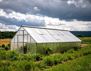 Fototapeta premium Large greenhouse in rural landscape