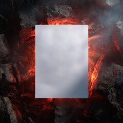 Paper Mockup on Glowing Volcanic Rocks with Smoke – Realistic A4 Template