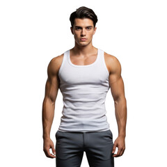 Muscular man in white tank top and grey pants posing confidently transparent background