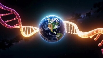 DNA Double Helix Structure Encircling Planet Earth in Cosmic Space genetics science - Powered by Adobe