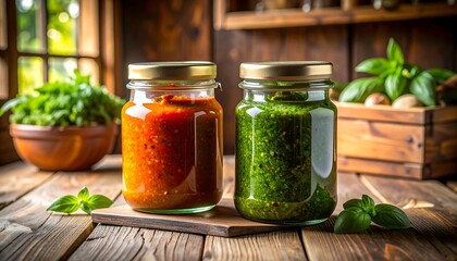 Homemade tomato and basil sauces in jars