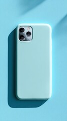 Light blue smartphone with protective case on vibrant blue background