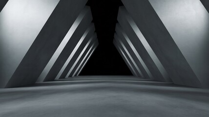 Obraz premium Modern geometric architecture with a symmetrical tunnellike structure, featuring strong lines, light and shadow contrast, and a minimalist aesthetic