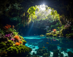 Obraz premium Peaceful cave lake surrounded by lush greenery and flora reflecting sunlight