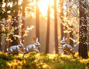 Fototapeta premium Rabbits jump through sunlight forest illustration of spring nature animal