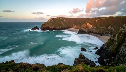 Dramatic Coastal Landscape with Crashing Waves at Sunset.