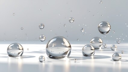 Clear water droplets suspended and resting on a reflective surface with soft lighting