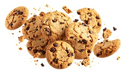 Delicious Chocolate Chip Cookies Scattered and Broken on White Background.