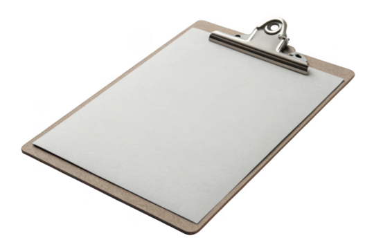Blank clipboard with silver clip isolated on transparent background
