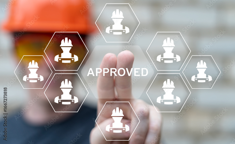 Poster engineer using virtual touch screen clicks on the word approval. approval efficiency policy progress