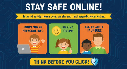 Flat vector illustration of children learning online safety with tips about sharing information, kindness, and asking adults. Concept of internet safety and digital responsibility
