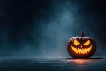A spooky Halloween pumpkin with a glowing face, illuminated in the dark with a scary carved expression.