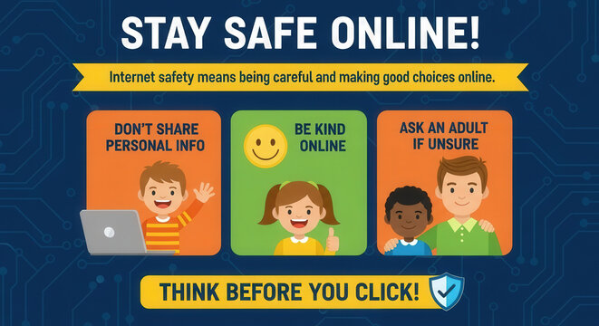 Flat vector illustration of children learning online safety with tips about sharing information, kindness, and asking adults. Concept of internet safety and digital responsibility

