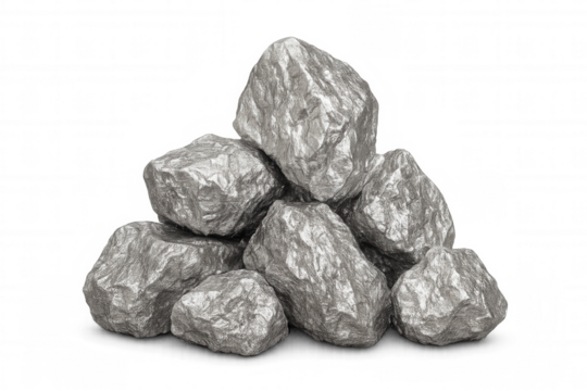 Silver nuggets forming a pile on a transparent background, ideal for compositing and photo manipulation
