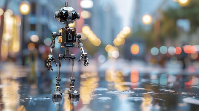 Robotic figure made crystal metal shards standing alone futuristic cityscape - Powered by Adobe