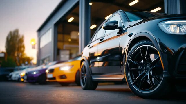 Cars at a car service or dealership. A number of modern cars. Footage is suitable for projects related to the auto business, rental or sale of cars.