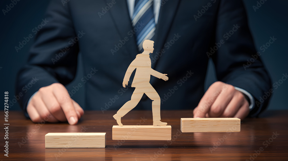 Poster man in suit guides career progression using wooden blocks to symbolize steps