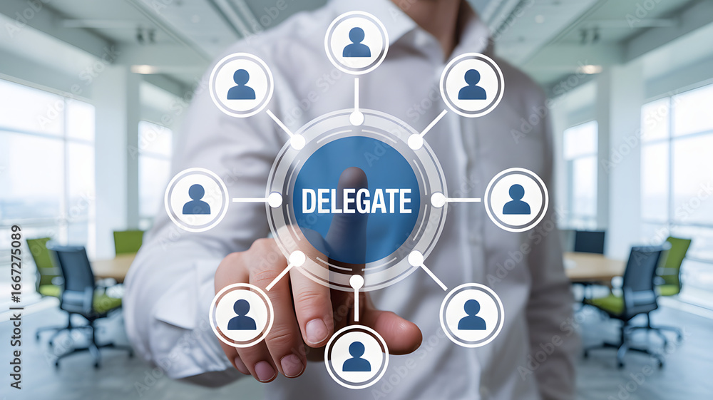 Aufkleber empowered leader delegates tasks using digital interface for team collaboration success
