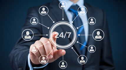 Business professional touching '24/7' symbol connecting team members digitally