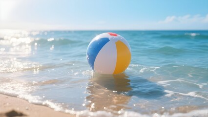 Obraz premium Colorful beach ball on sandy shore with ocean waves